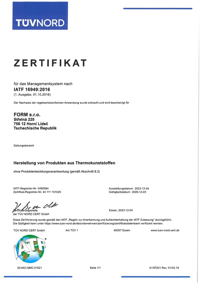Zertifikat für die Produktion und den Verkauf von Produkten aus Kompositwerkstoffen und Thermoplasten.